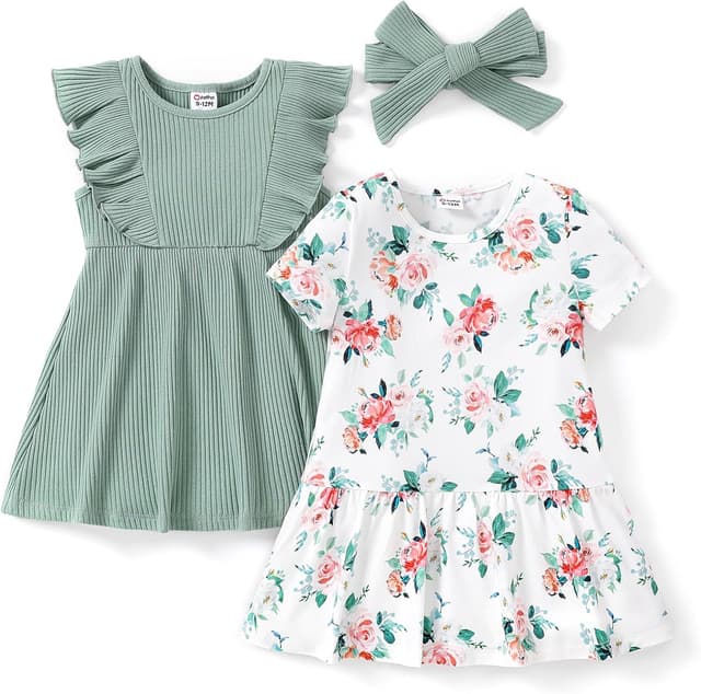 Detalle de PatPat lot de 2 robes d’été pour bébé fille (sans manches, volantées + imprimé floral) avec bandeau