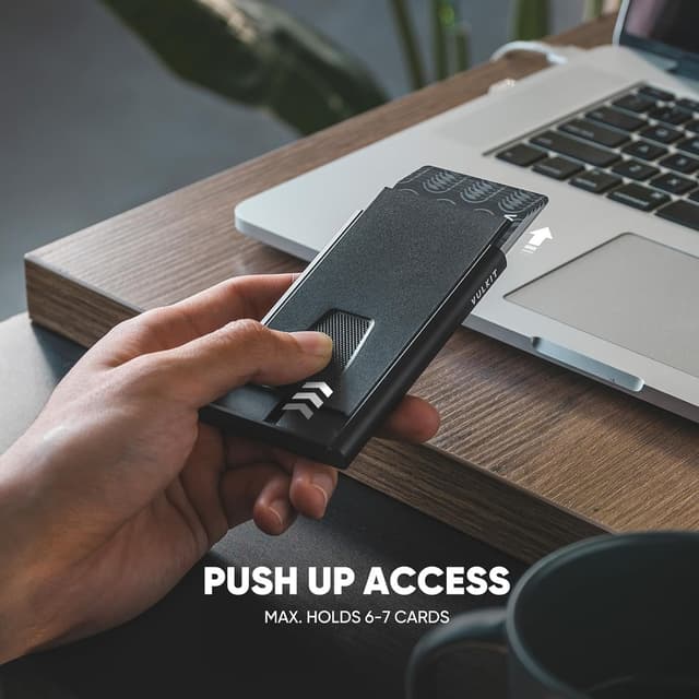 Detalle 2 de VULKIT Slim Aluminium Credit Card Holder with RFID Blocking (Black) – pop-up minimalist case