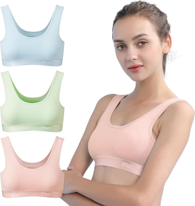 Detalle de INNERSY Mädchen-Bustier Sport-BH aus Baumwolle ohne Bügel (Bralette) – 3er Pack, für 6–16 Jahre