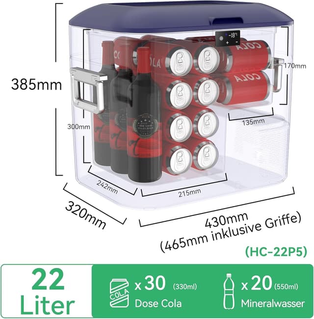 Detalle de BINGI Kompressor-Kühlbox 22 l – tragbarer Auto-Kühlschrank 12/24V DC & 230V AC (15℃ bis -18℃)