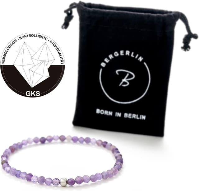 Detalle de BERGERLIN Echtes Naturstein Perlenarmband mit Amethyst, 925-Silberperle und Echtheitszertifikat – unisex