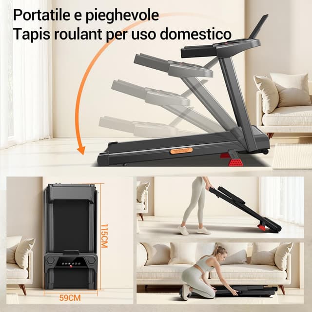 Thumbnail 6 de UMAY Tapis Roulant Salvaspazio con inclinazione 15%, motore 3.0 HP e display LED (12 km/h, carico 136 kg)