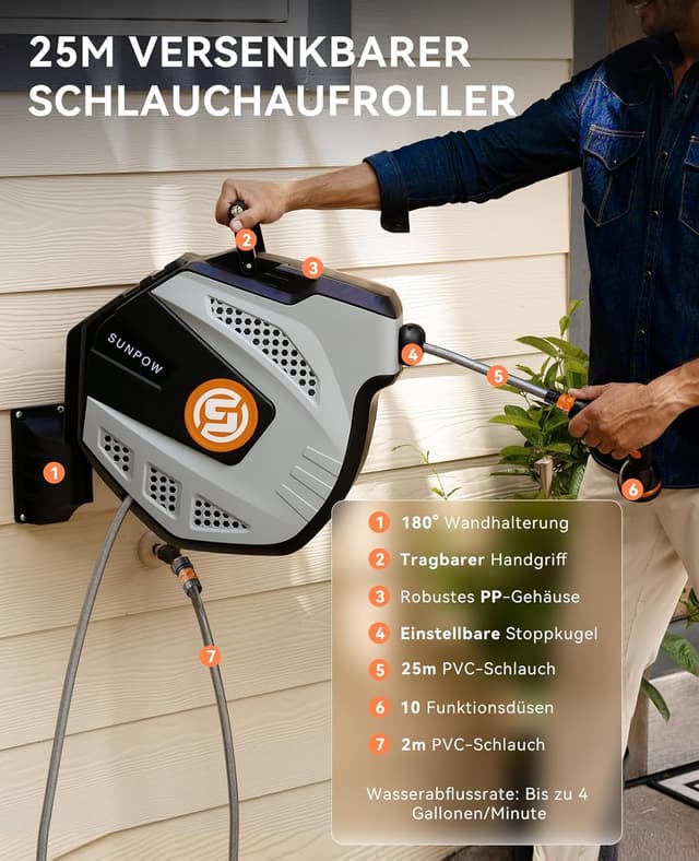 Detalle de SUNPOW Wand-Schlauchbox RollUp 25 m mit 10-Funktions-Sprühdüse, 180° schwenkbar & automatischem Aufrollsystem (Grau)