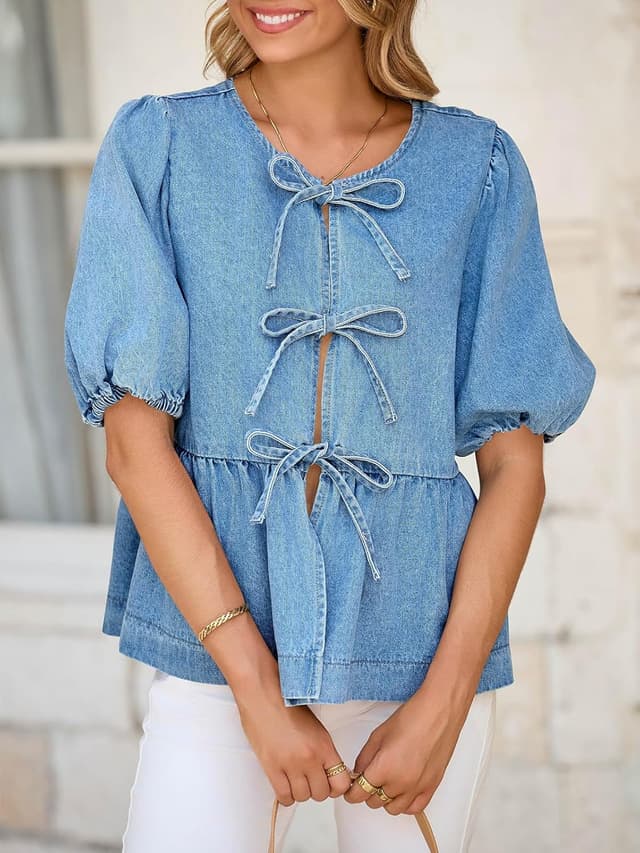 Detalle de Tankaneo Women’s Denim Tie Front Babydoll Peplum Puff Sleeve Jean Shirt