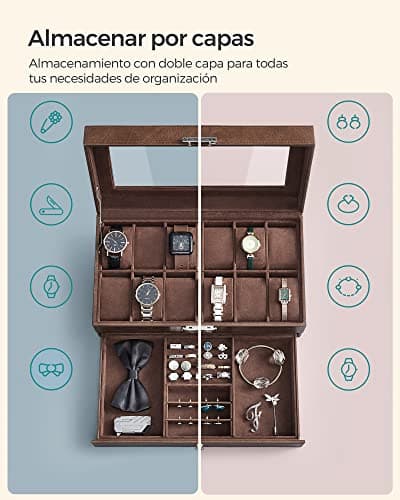 Detalle 2 de SONGMICS JWB012K01: caja de reloj de 2 niveles con tapa de cristal para 12 relojes