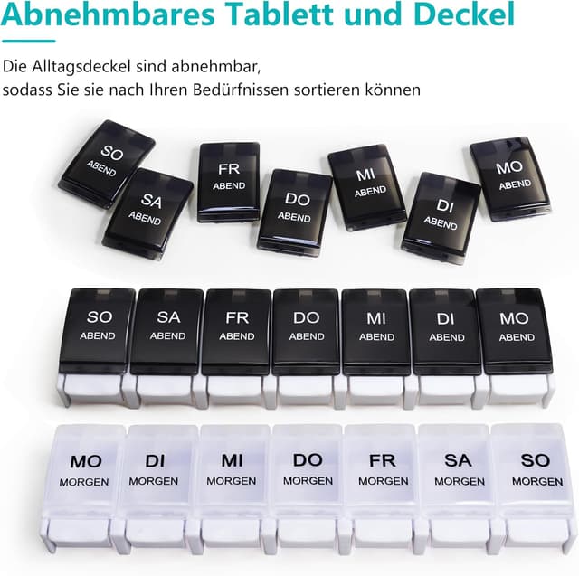 Detalle de MOLN HYMY Medikamentenbox für 7 Tage mit 2 Fächern (AM/PM), BPA-frei, 14 Fächer, Druckknopfdeckel in Schwarz/Weiß