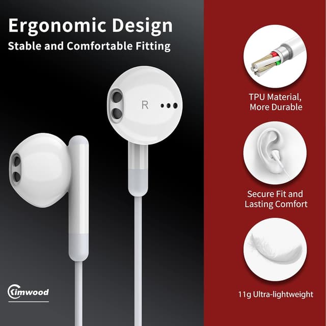 Detalle de Kimwood Wired Earbuds with Microphone (In-Ear, 3.5mm) for iPhone, Android, and Computers