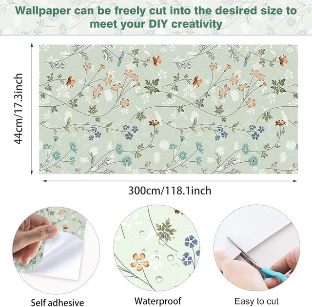 Detalle 2 de ANHUIB Blumentapete Hellgrün 44x300 cm