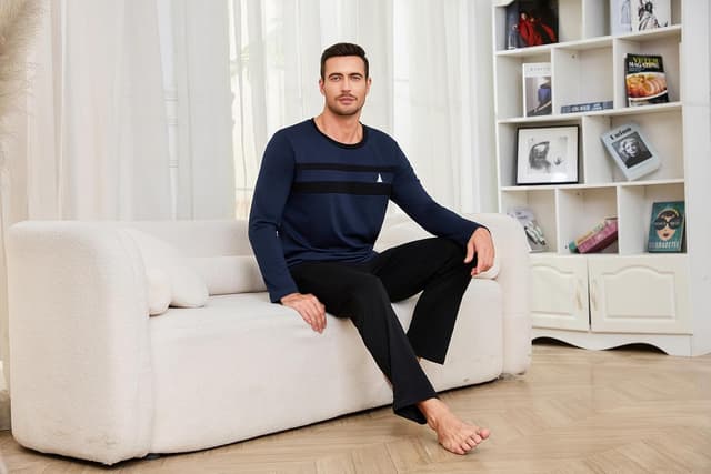 Detalle de Ensemble pyjama homme d’hiver Marvmys en coton – col rond, manches longues, deux pièces S à 3XL