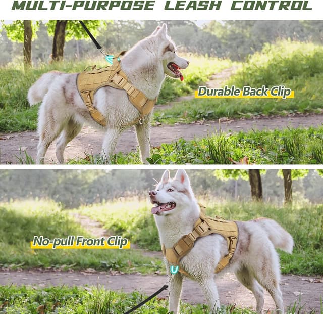 Detalle de WINGOIN Tactical Dog Harness for Large Dogs (Khaki, L) — Heavy-Duty No-Pull Vest with Handle & Reflective Strip