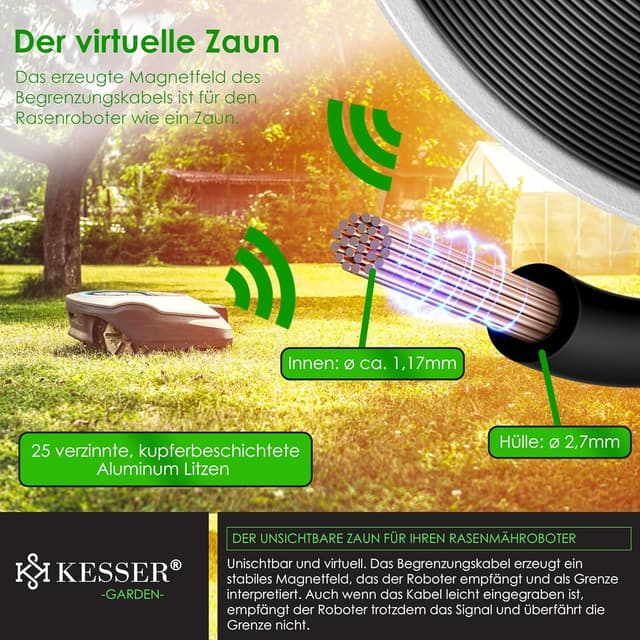 Detalle de KESSER® Begrenzungskabel 100 m inkl. 12 Kabelverbinder – Universal für Mähroboter & Rasenmäher