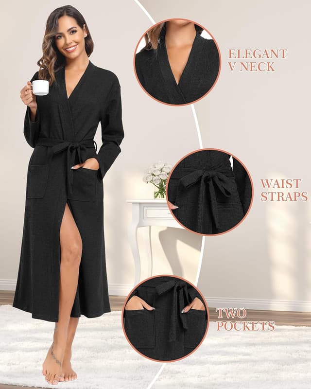 Detalle de Sopesil Peignoir en coton pour femme (kimono de nuit) à col V et longues manches, avec poches