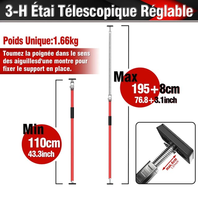 Detalle 2 de 3-H Étai télescopique réglable extensible 110–195 cm en acier épais (1 pièce) – charge max 75 kg
