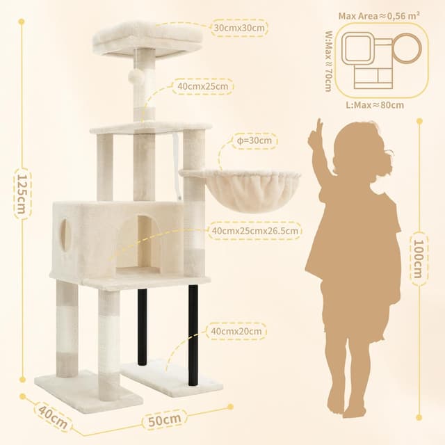 Detalle 2 de Heybly Arbre à chat HCT200SM beige – 125 cm avec niche, plateformes et griffoir en sisal
