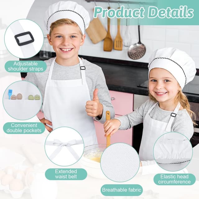 Detalle de DiULi Set grembiule per bambini + cappello da cuoco regolabile (7-13 anni) bianco