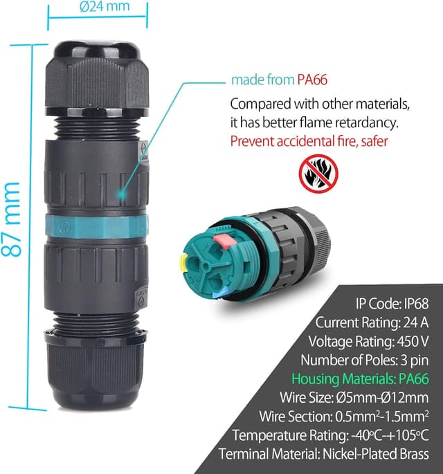 Detalle 1 de Wasserdichte Kabelverbinder IP68 3-polig 2er-Pack