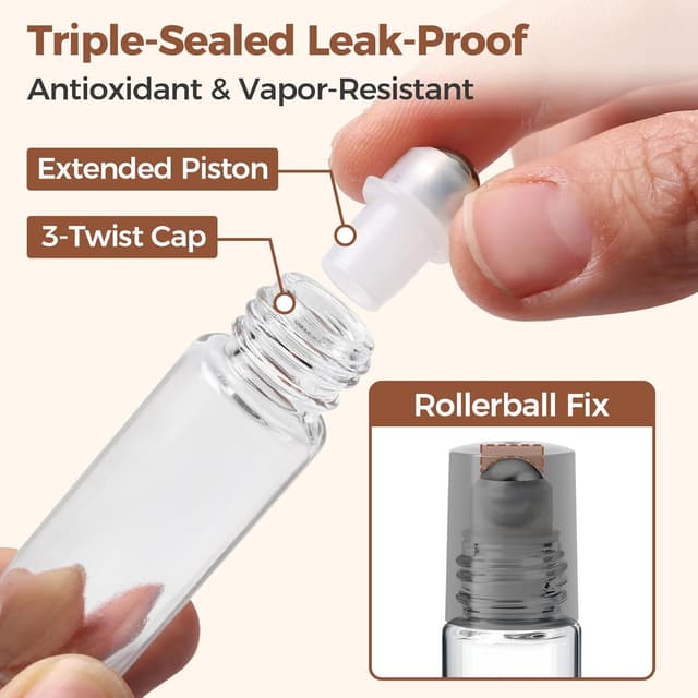 Detalle 2 de ComSaf Set da 24 bottiglie in vetro per oli essenziali 10 ml con sfere in acciaio inox e contenitore a tenuta stagna