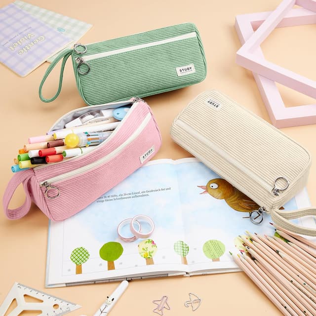 Detalle de KALIDI corduroy large pencil case with hand strap and 2 zip compartments