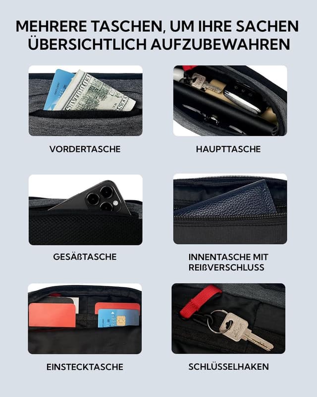 Detalle de WATERFLY Bauchtasche / Hüfttasche für Damen & Herren – kleine Gürteltasche Sport, dunkelgrau, mit Verlängerungsgurt