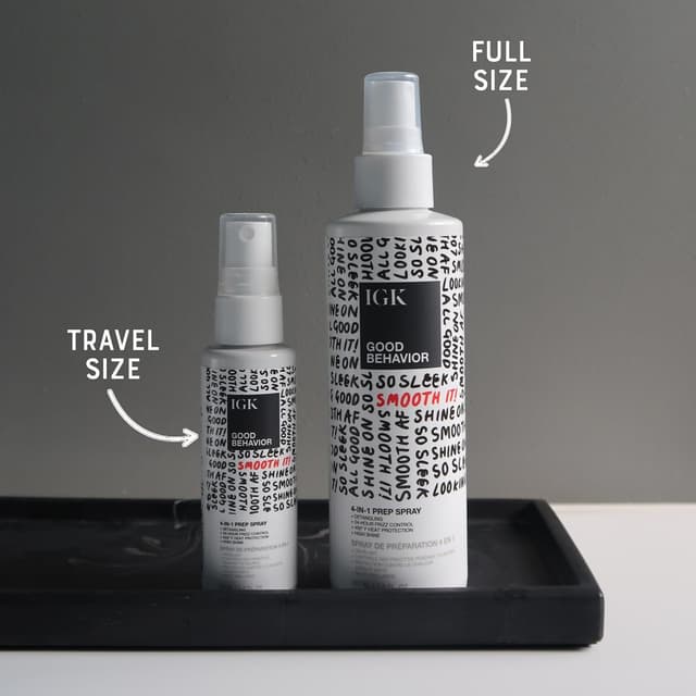 Detalle de IGK Good Behavior 4-in-1 Prep Spray (Full + Travel) — detangles, fights frizz, heat protection & shine