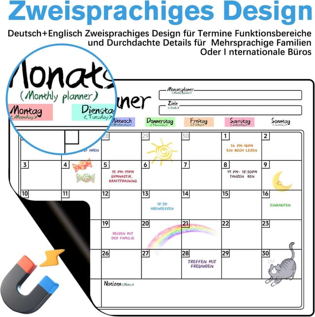 Detalle de Prelisee 4er Set Magnetischer Whiteboard-Wochenplaner (bilingual DE/EN) für Kühlschrank, 42×30 cm