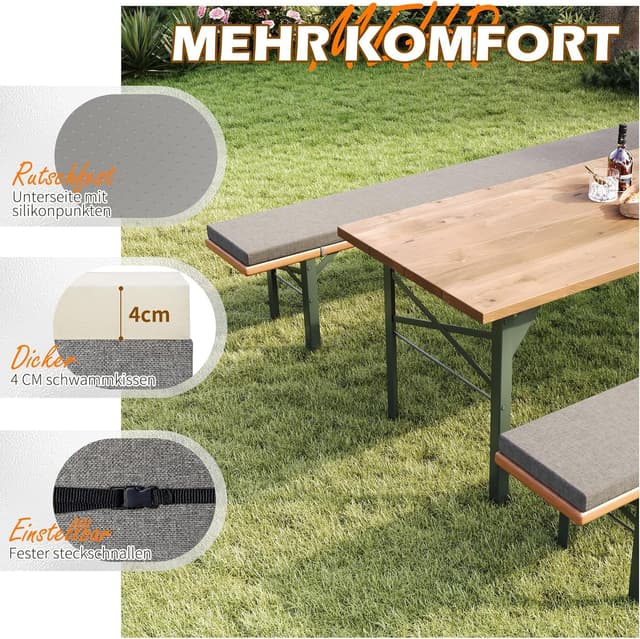 Detalle 2 de UDPATIO 2er-Set Bierbankauflagen mit Bezug (Hellgrau), waschbar, wasserdicht – 220 x 25 x 4 cm