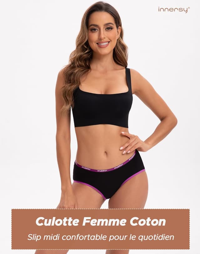 Detalle 2 de INNERSY lot de 6 culottes femme en coton stretch, taille basse douce et respirante