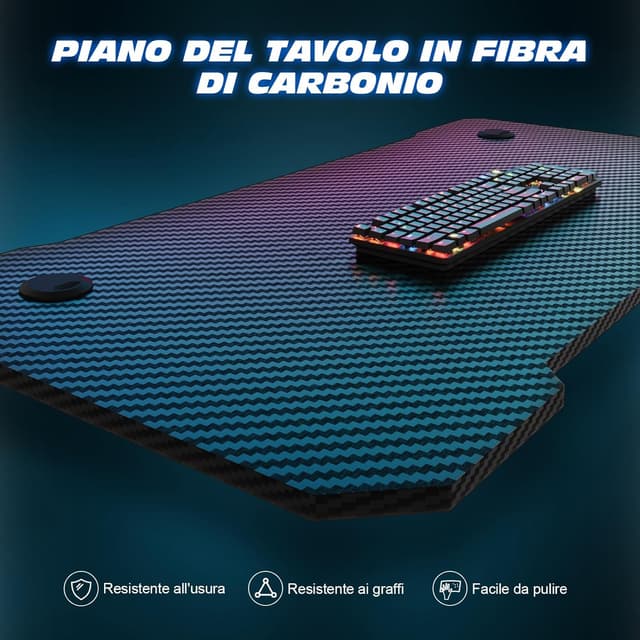Detalle de TRIUMPHKEY scrivania gaming 80×52 cm in fibra di carbonio, gambe a Z e supporto cuffie