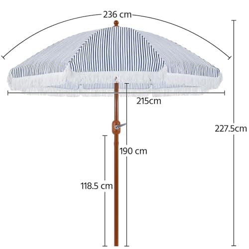 Detalle de Yaheetech Ombrellone da spiaggia e giardino inclinabile 215 cm con frange, poliestere e metallo, blu e bianco