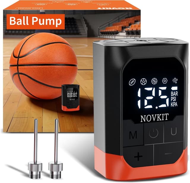 Detalle de NOVKIT Electric Ball Pump (2–17 PSI) with Precise Gauge, Rechargeable 2600 mAh for Basketball, Soccer & Football