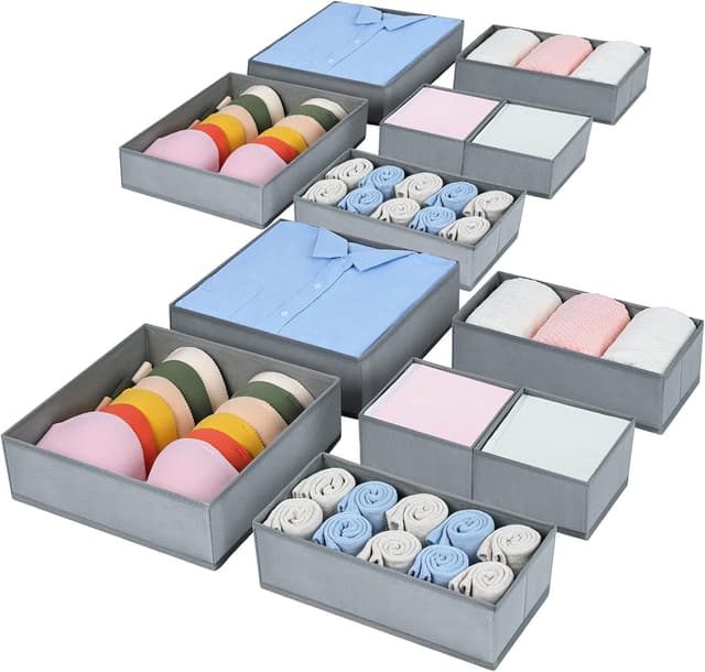 Detalle de Homsorout Kleiderschrank-Organizer im 12er-Set: faltbare Schubladenboxen für Kleidung, Socken & BHs (Grau)