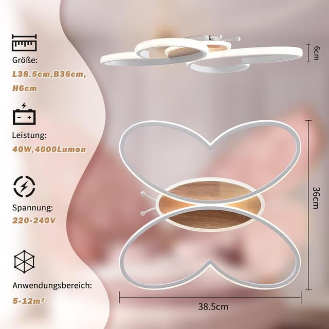 Detalle de LED Deckenleuchte Schlafzimmer mit Schmetterling-Design, 40W, 38 cm, dimmbar per Fernbedienung und Nachtlichtfunktion