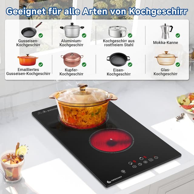 Detalle de AMZCHEF Glaskeramikkochfeld mit 2 Platten (3200 W) – Touch-Steuerung, 9 Leistungsstufen, 2-in-1 Einbau & freistehend