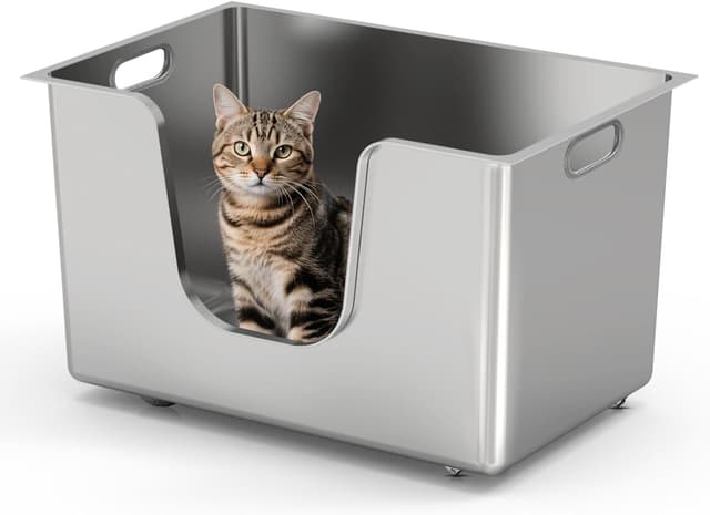 Detalle de PTLOM Stainless Steel Cat Litter Tray (High Sides, Low Entry) with Wheels – L 58x38x30cm