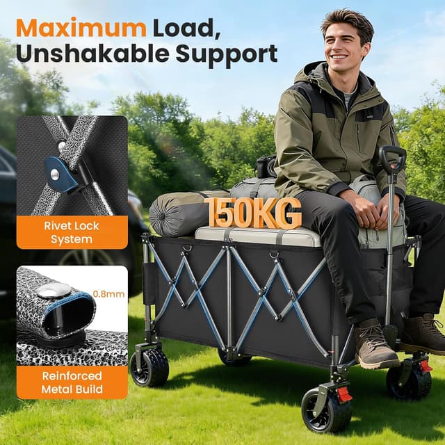 Thumbnail 2 de YEAUPE PRO Carrello pieghevole da spiaggia e campeggio da 150 kg, 260 L (nero) con doppi freni anteriori