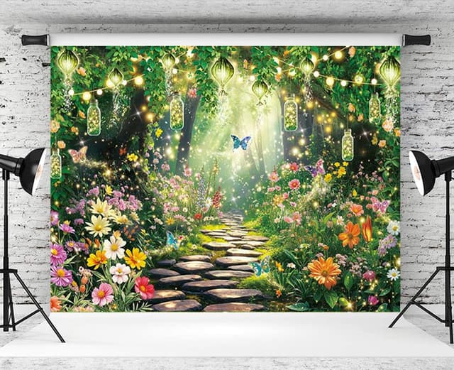 Detalle 2 de Enchanted Forest Fairy Garden Photography Backdrop (8x6FT) – Vinyl photo background for spring party décor