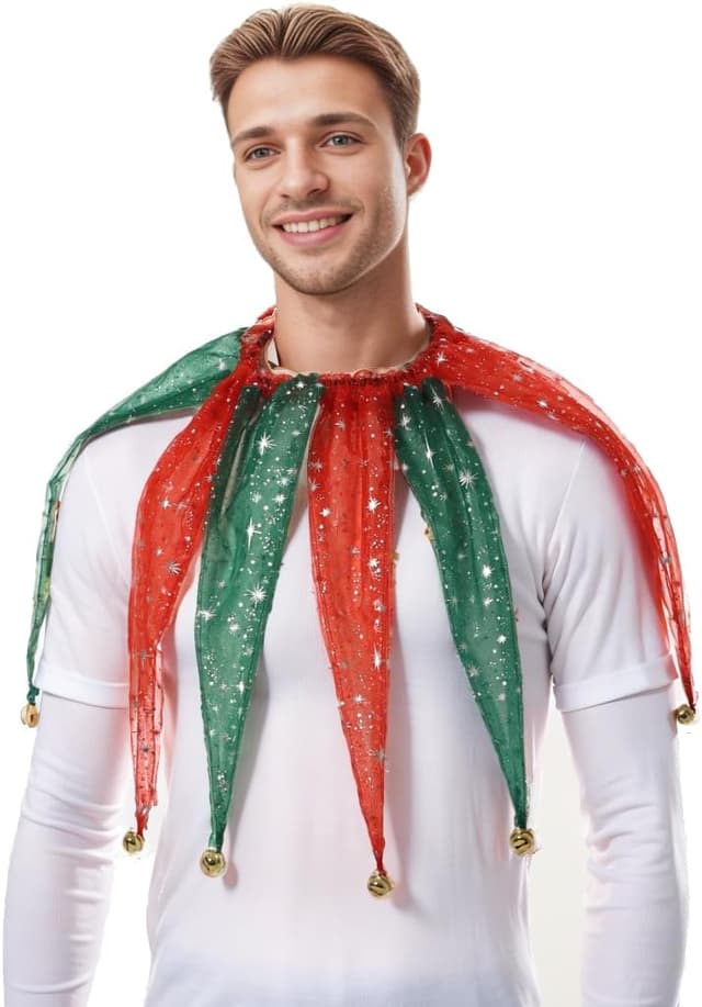 Detalle de CAMDOM viktorianischer Netzkragen mit Glöckchen – Clown-/Karnevalskragen für Erwachsene (Rot/Grün/Schwarz)