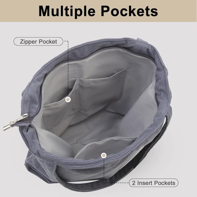 Detalle de CNMTCCO Shopper-Tote Bag für Damen mit Reißverschluss, Cord-Tragetasche mit Fächern