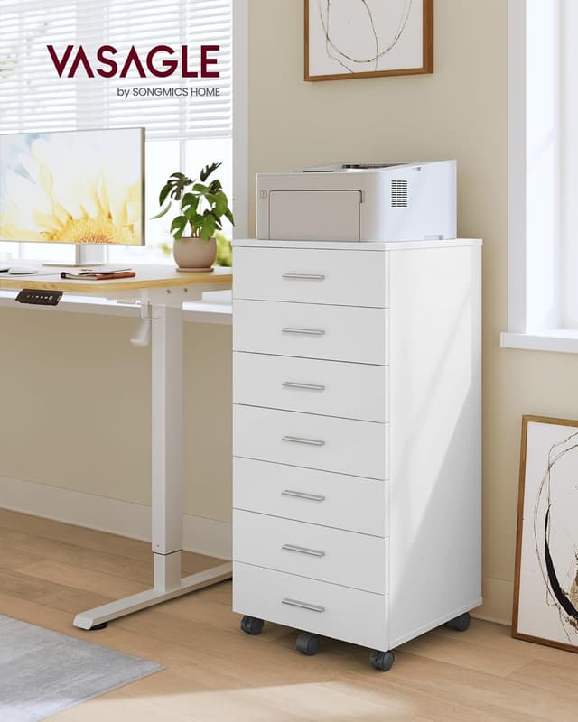 Detalle 2 de VASAGLE Cassettiera da ufficio con 7 cassetti OFC085WB02, mobile su ruote per documenti e stampante