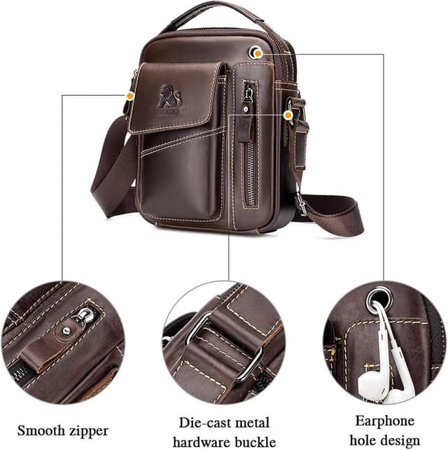 Detalle de BAIGIO men’s vintage leather shoulder bag (crossbody messenger) with adjustable strap