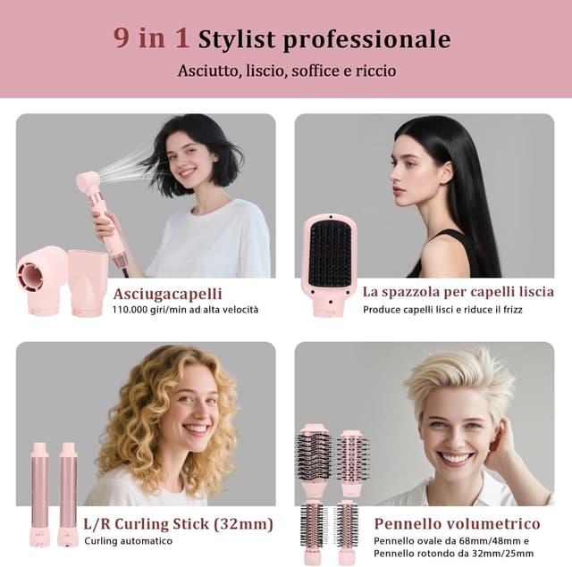 Detalle de AraSyelon 9 in 1 Styler Multifunzione per Capelli con aria calda e ferro arricciacapelli automatico 32 mm