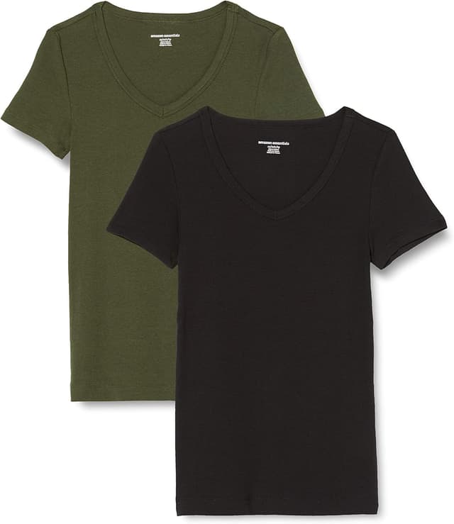 Detalle de Amazon Essentials T-shirt col en V manches courtes coupe ajustée femme, lot de 2