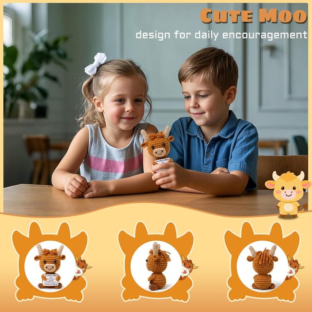 Detalle 2 de OkiyiD Highland Cow Plush Toy with Positivity Card – Hand-Crocheted Mini Gift for Women, Friends & Students