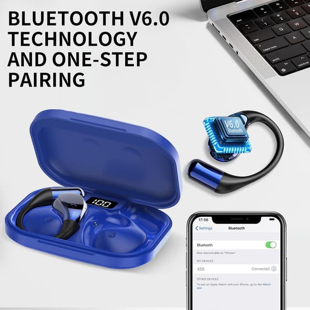 Detalle de 2026 Cuffie Open Ear Bluetooth 6.0 Sportive con gancio morbido e controlli touch, autonomia fino a 40 ore (IP7) – Blu scuro