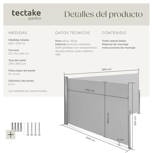 Thumbnail 5 de tectake® Toldo Lateral Retráctil ☀️ 200x600 cm Gris