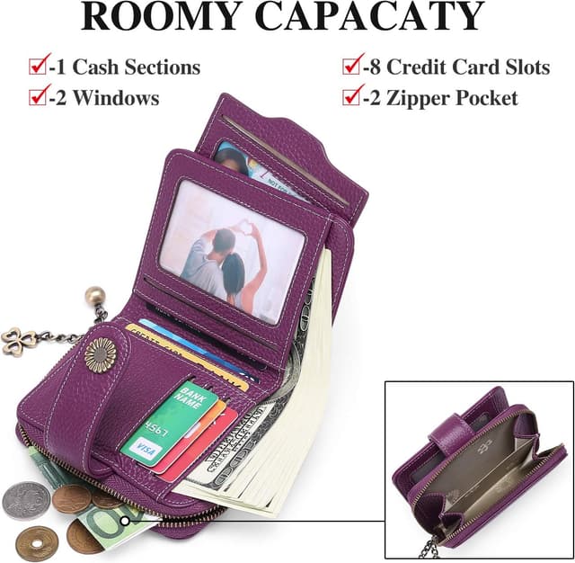 Detalle de SENDEFN Damen Geldbörse klein aus Leder mit RFID-Blocker, Münzfach mit Reißverschluss und Kartenhalter