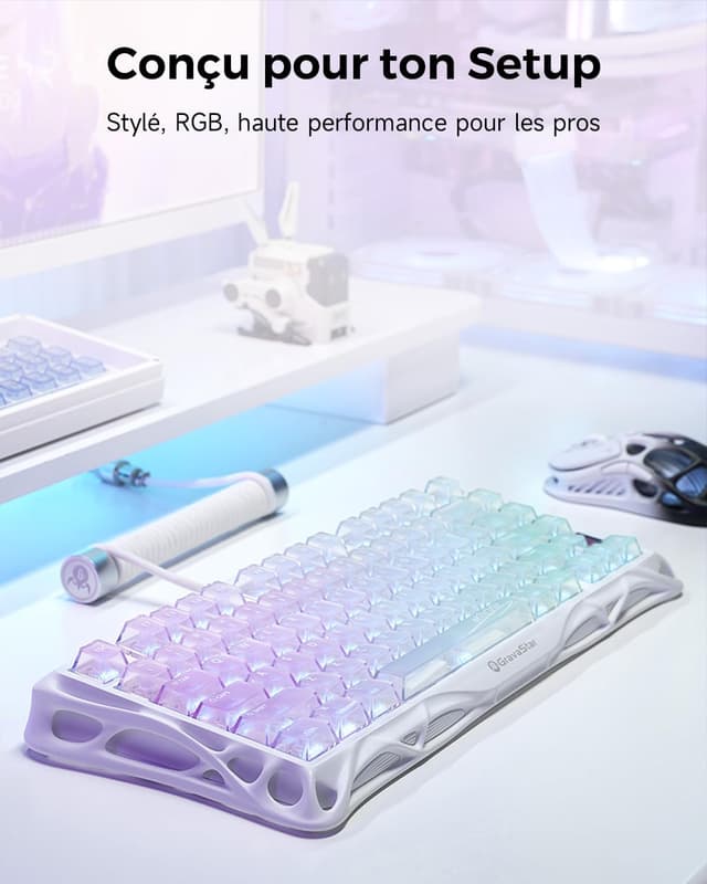 Detalle de GravaStar Mercury K1 Lite — clavier mécanique gamer 75% Crystal Aurora (BT 5.0 / 2,4G / USB-C, QWERTY)