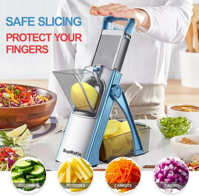 Detalle de SupMaKin Upgrade Safe Mandoline Slicer Plus (Blue) — Adjustable Vegetable Slicer & Chopper