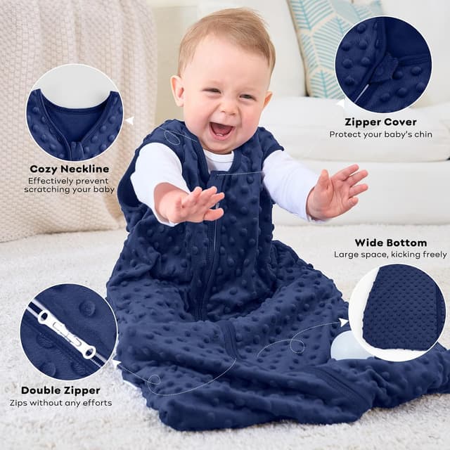 Detalle 2 de FIEMOL Schlafsack Baby 0–6 Monate 1,5 Tog mit Plüschpunkten (2er Pack, Blau & Grau, ärmellos)