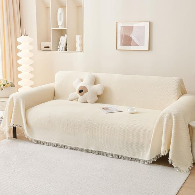 Detalle de LHGOGO Waffle Weave Large Sofa Throw (180x230cm) in Cream